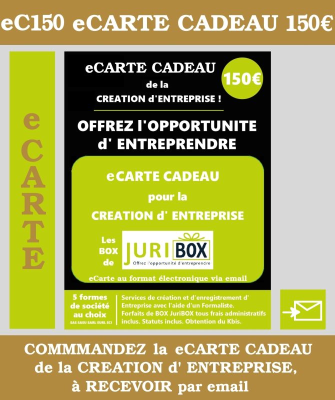 LA CARTE CADEAU de la Création d'ENTREPRISE. MONTANT 150 euros JuriBOX. OFFREZ L'OPPORTUNITE d'ENTREPRENDRE avec les BOX et CARTES CADEAUX JuriBOX.