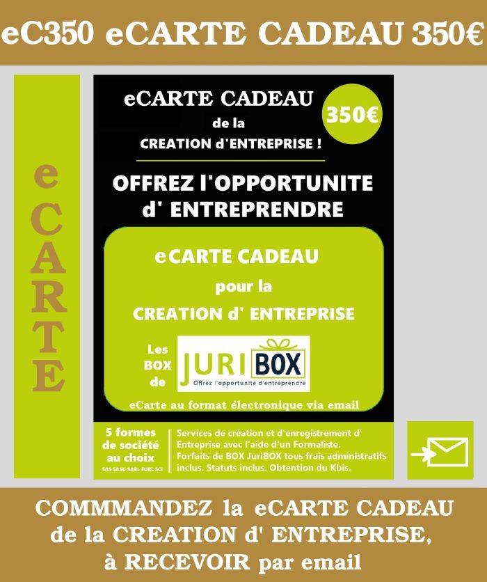 LA CARTE CADEAU de la Création d'ENTREPRISE. MONTANT 350 euros JuriBOX. OFFREZ L'OPPORTUNITE d'ENTREPRENDRE avec les BOX et CARTES CADEAUX JuriBOX.